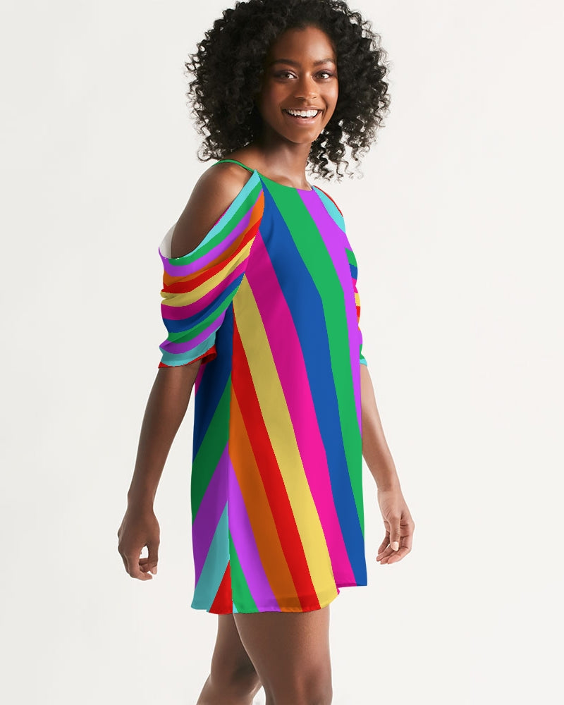 Rainbow Stripe Open Shoulder A-Line Dress